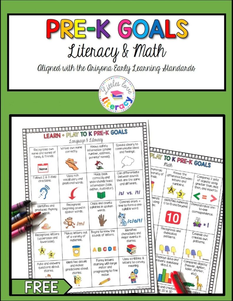 FREE Printable Pre K Goals For Preschool Parents Teachers Pre K Curriculum Homeschool Kindergarten Kindergarten Curriculum