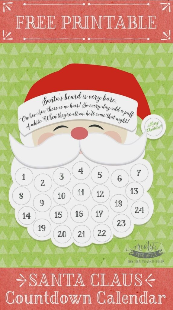 Free Printable Santa Claus Beard Countdown Calendar Advent Calendars For Kids Christmas Countdown Printable Christmas Countdown Calendar