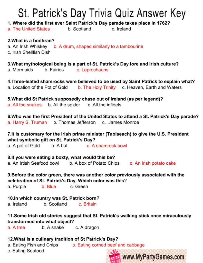 Free Printable St Patrick s Day Trivia Quiz