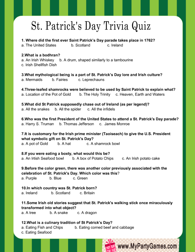 Free Printable St Patrick s Day Trivia Quiz