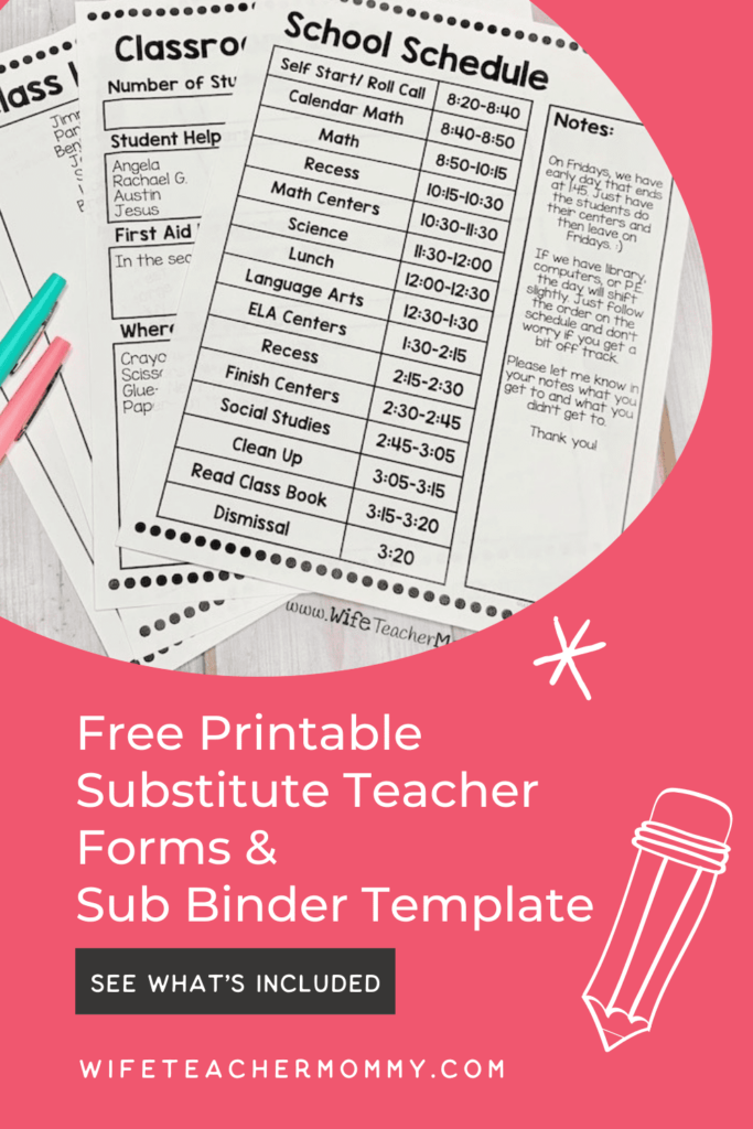 Free Printable Substitute Teacher Forms Sub Binder Template Wife Teacher Mommy