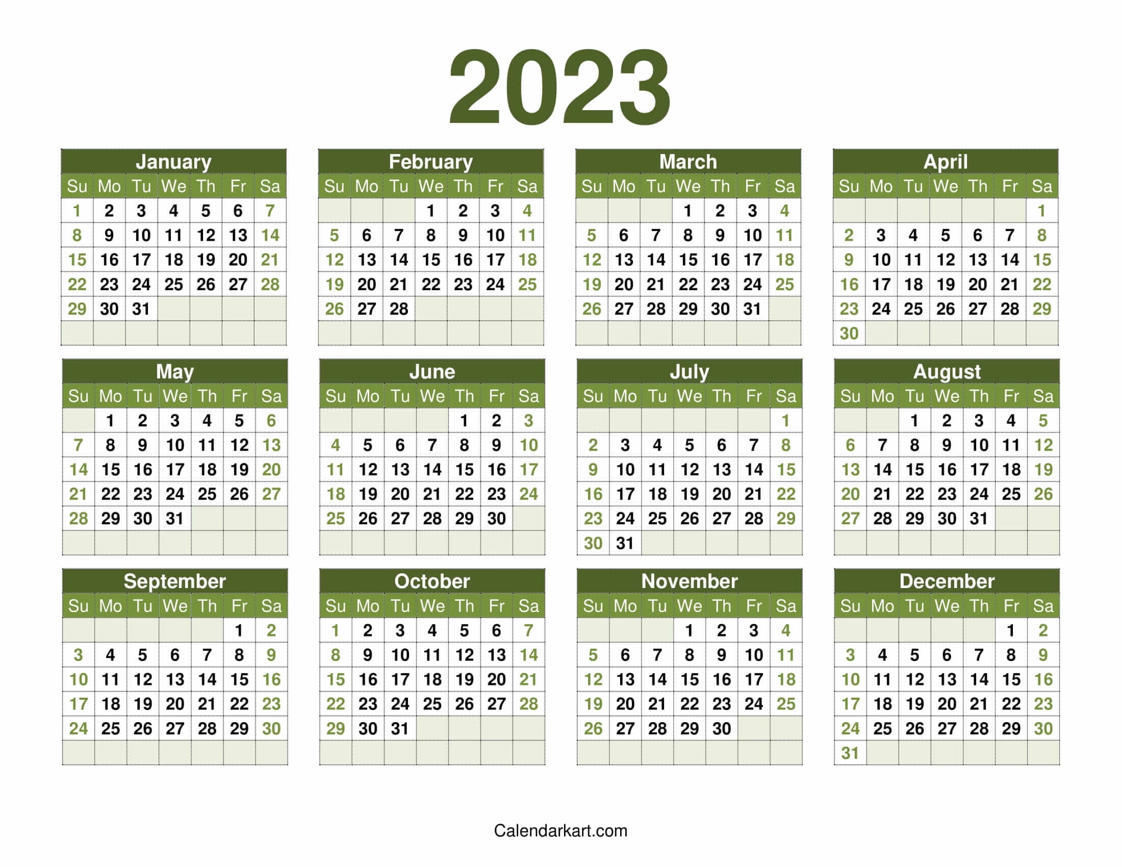 Free Printable Year At A Glance Calendar 2023