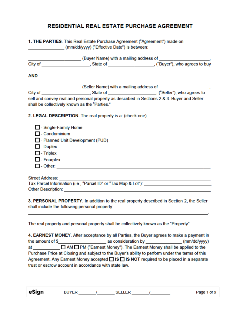 Free Real Estate Purchase Agreement Templates PDF Word