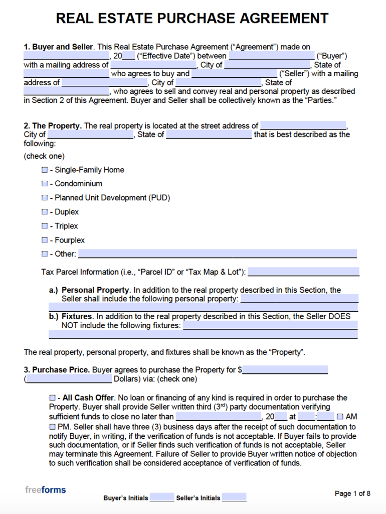 Free Real Estate Purchase Agreements PDF WORD