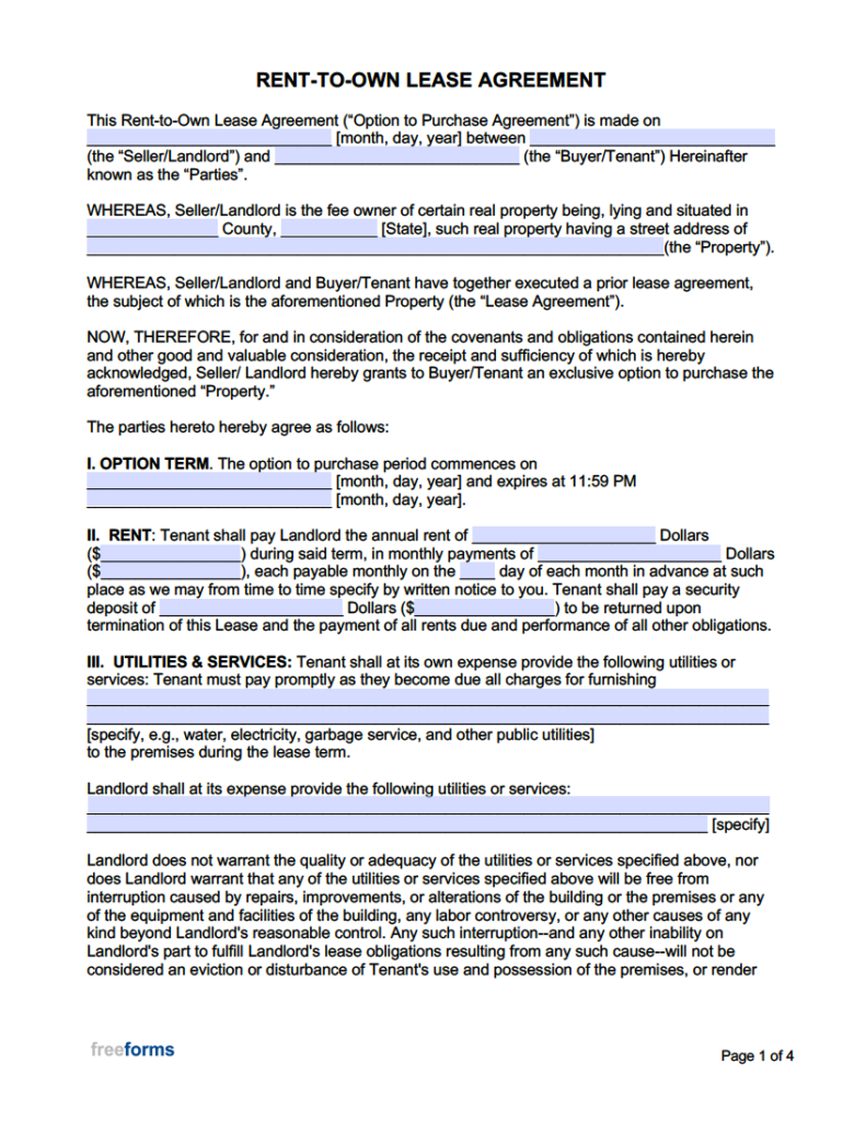 Free Rent To Own Lease Agreement Template PDF WORD