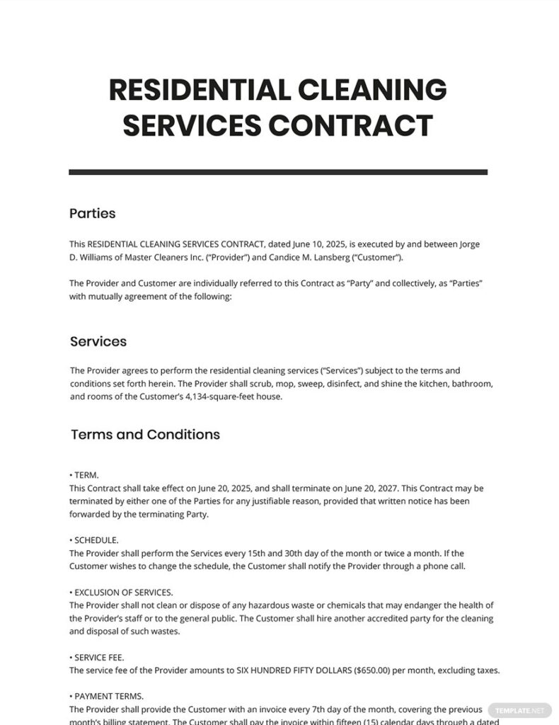 Free Residential Cleaning Services Contract Template Google Docs Word Apple Pages PDF Template