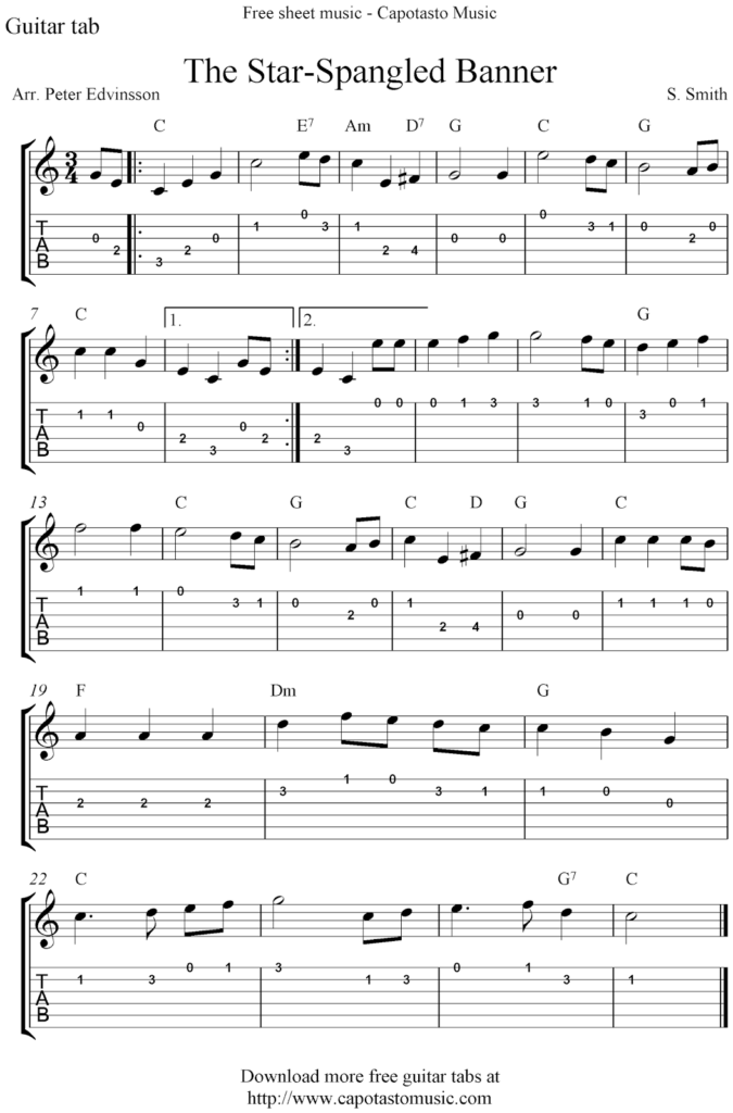 Free Sheet Music Scores The Star Spangled Banner Free Guitar Tablature Sheet Music Notes For Beginne Guitar Songs For Beginners Guitar Tabs Easy Guitar Songs