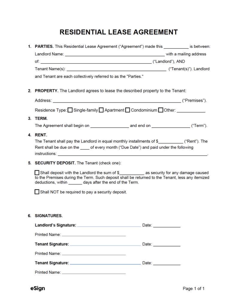 Free Simple 1 Page Lease Agreement Template PDF Word