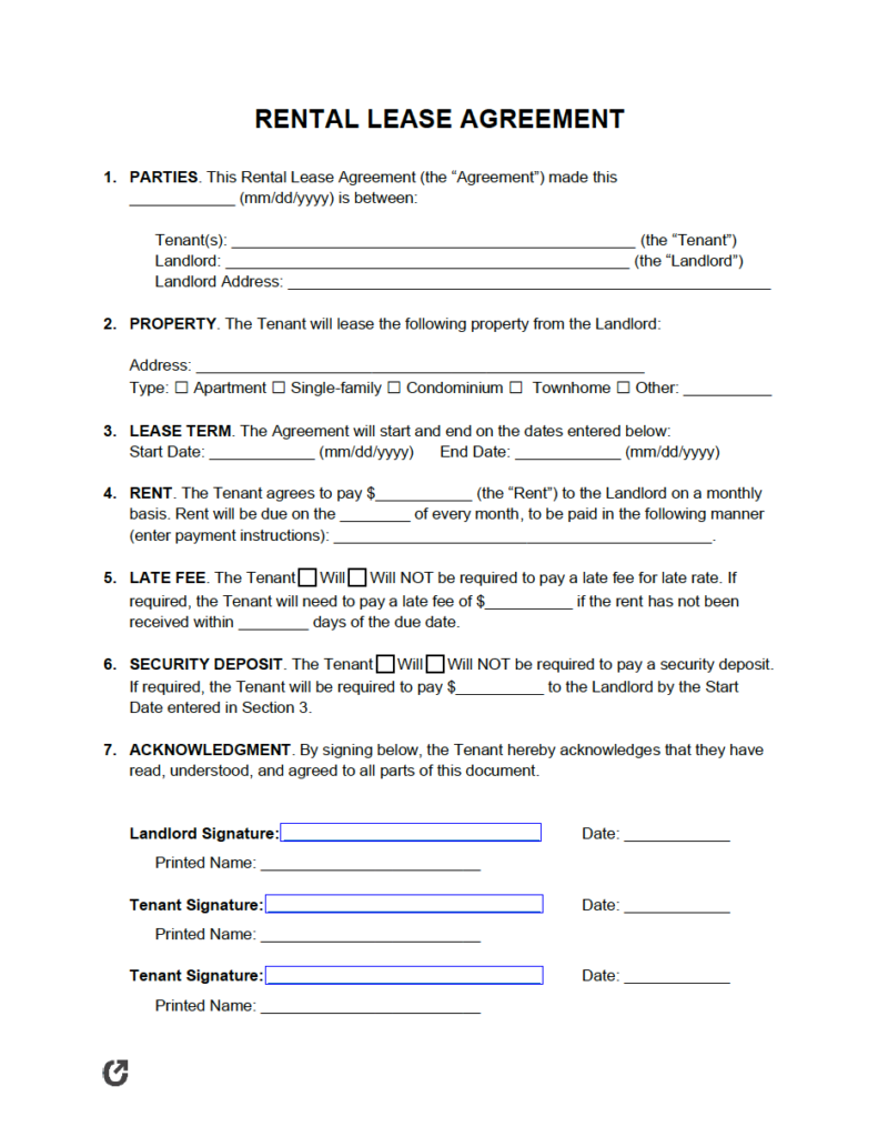 Free Simple 1 Page Rental Lease Agreement PDF WORD RTF