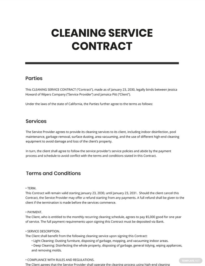 Free Simple Cleaning Service Contract Template Google Docs Word Apple Pages Template