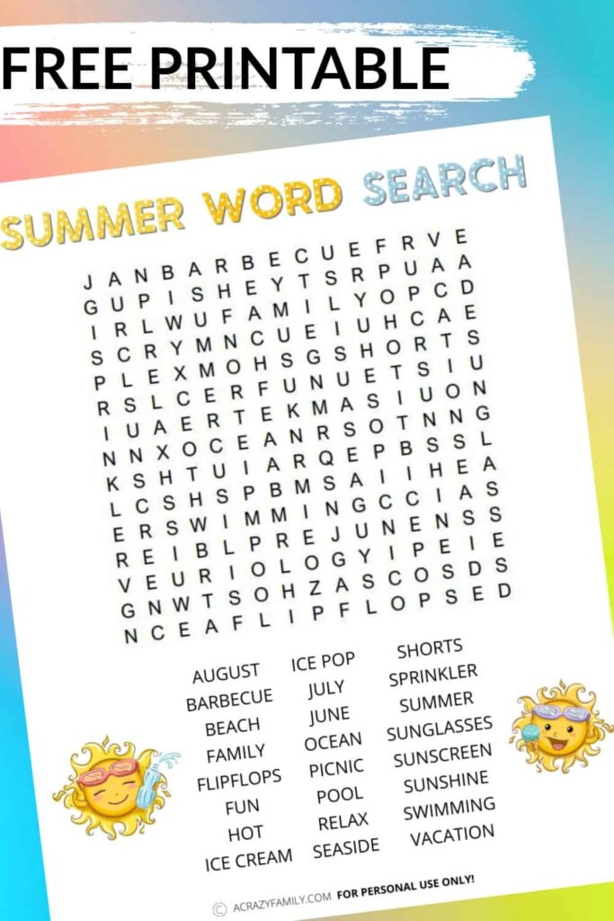 Free Summer Word Search Printable