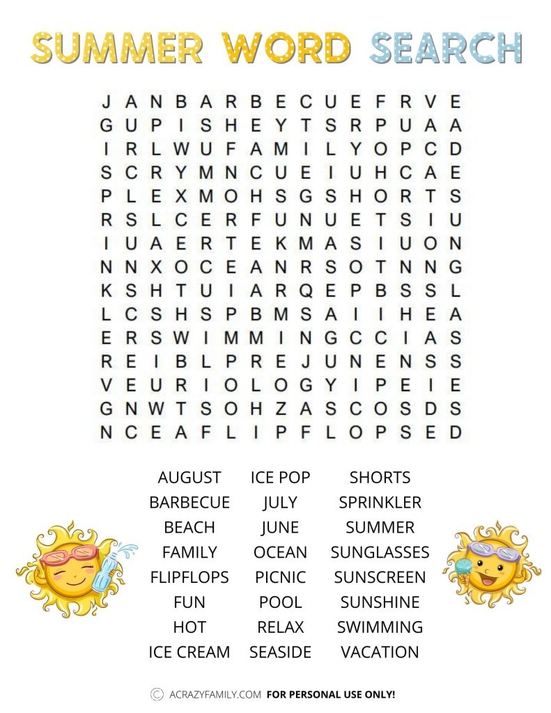 Summer Word Search Printable Free