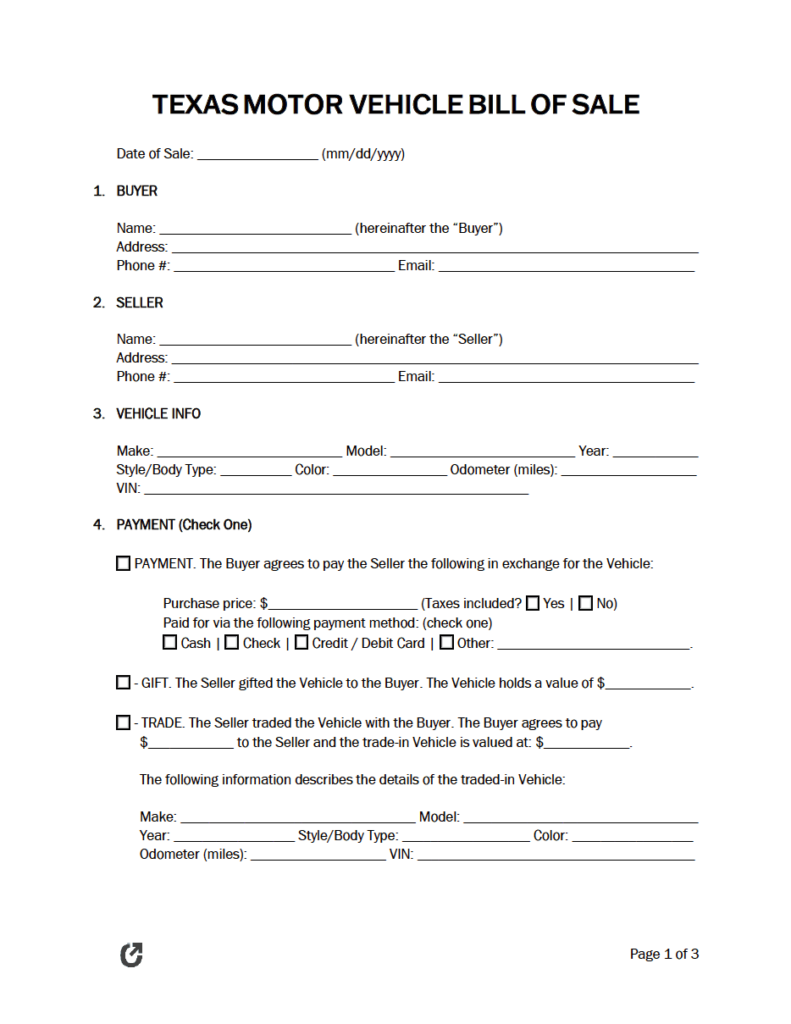 Free Texas Bill Of Sale Forms 5 PDF WORD RTF