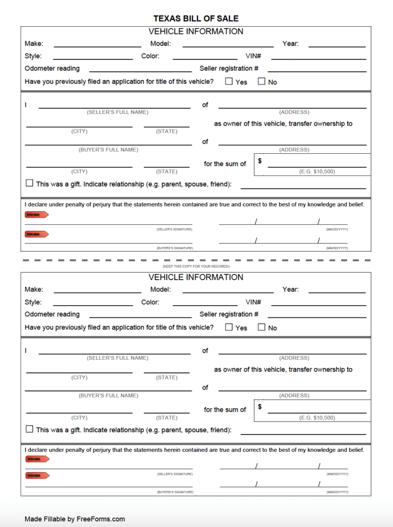 Free Texas Bill Of Sale Forms PDF