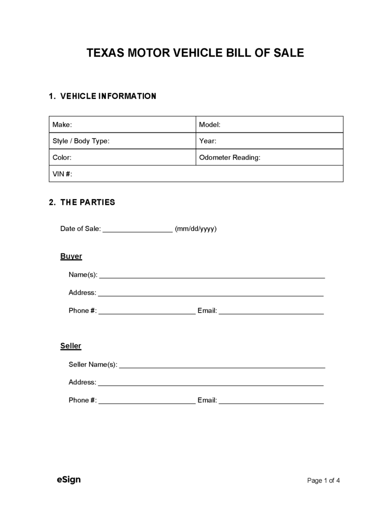 Free Texas Bill Of Sale Forms PDF Word