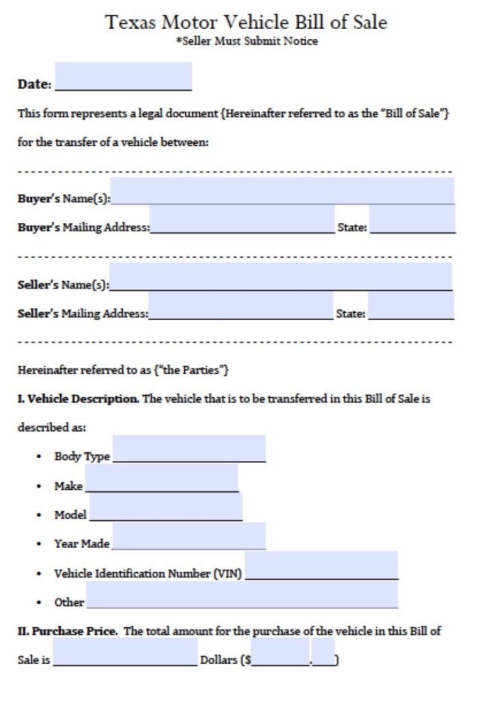 Free Printable Texas Bill Of Sale Form