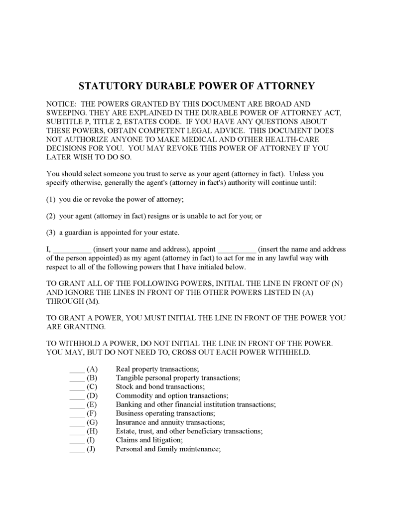 Free Texas Statutory Durable Power Of Attorney Form PDF Word