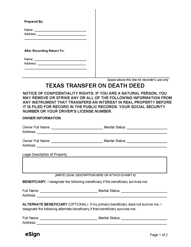 Free Texas Transfer On Death Deed Form PDF Word