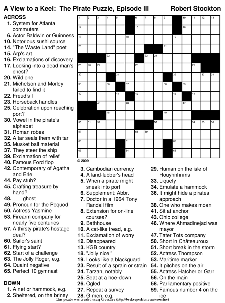 Free Themed Crossword 114 A View To A Keel The Pirate Puzzle Episode III Beekeeper Crosswords