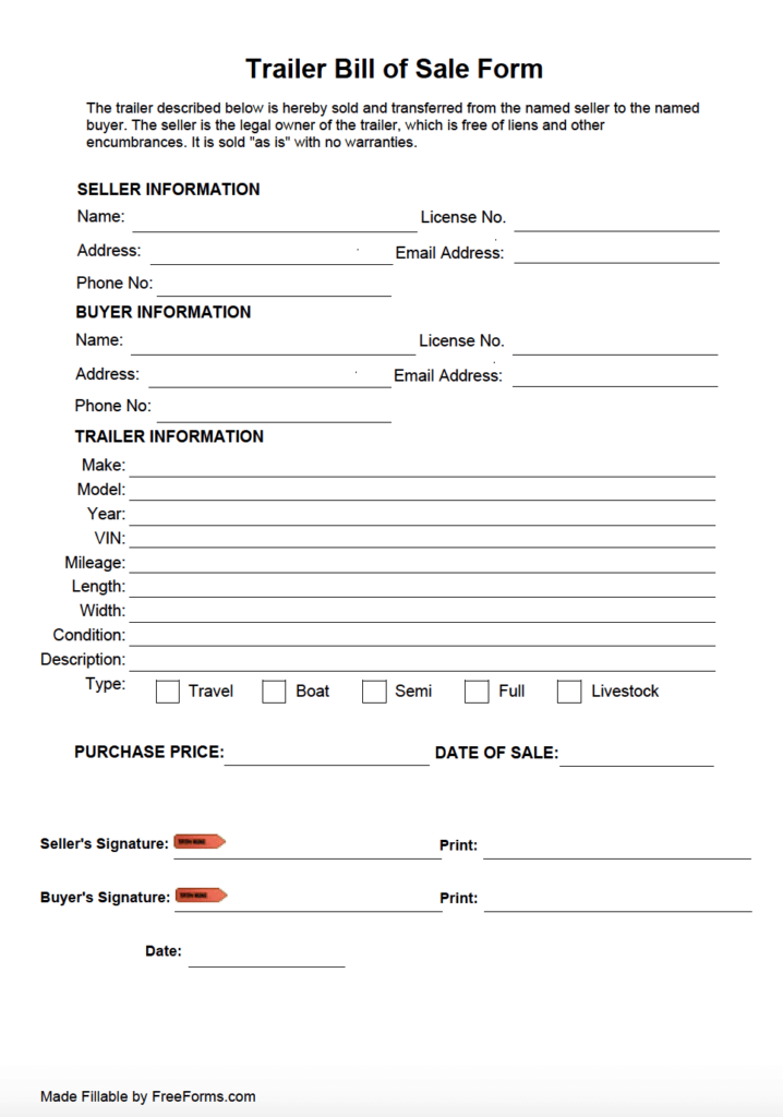 Free Trailer Bill Of Sale Form PDF