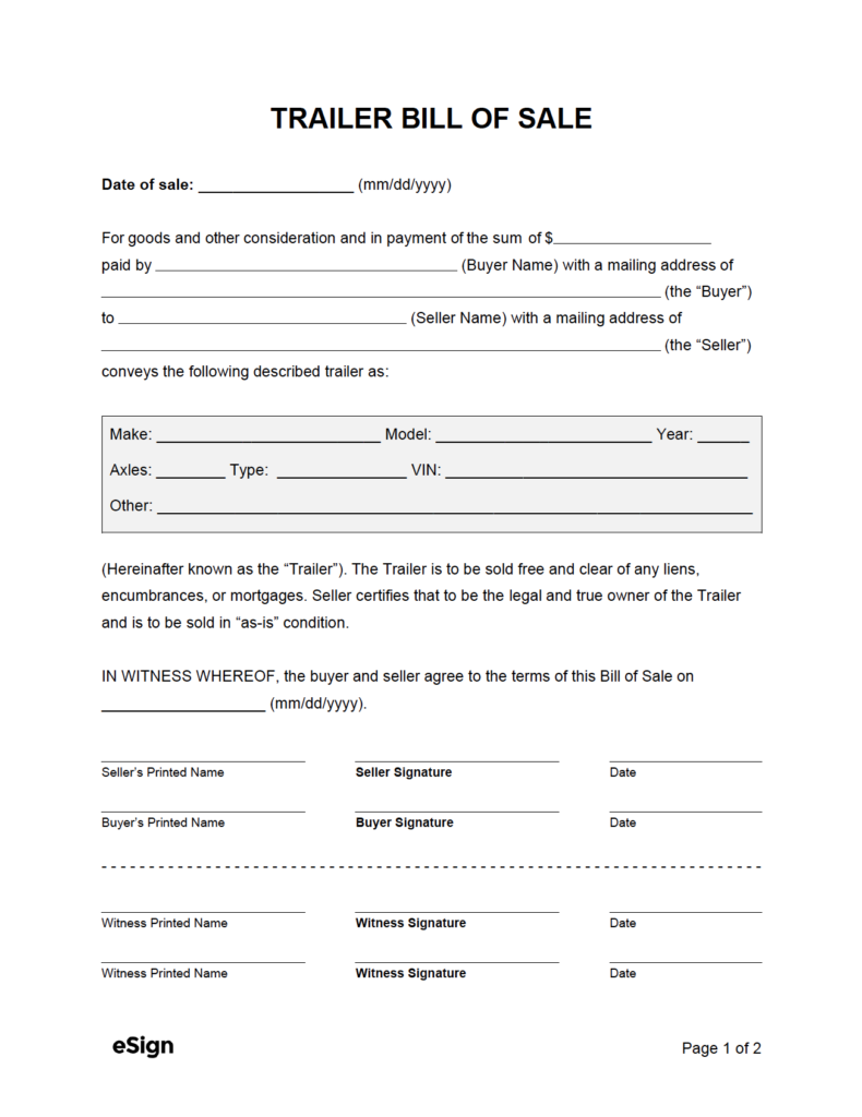 Free Trailer Bill Of Sale Form PDF Word