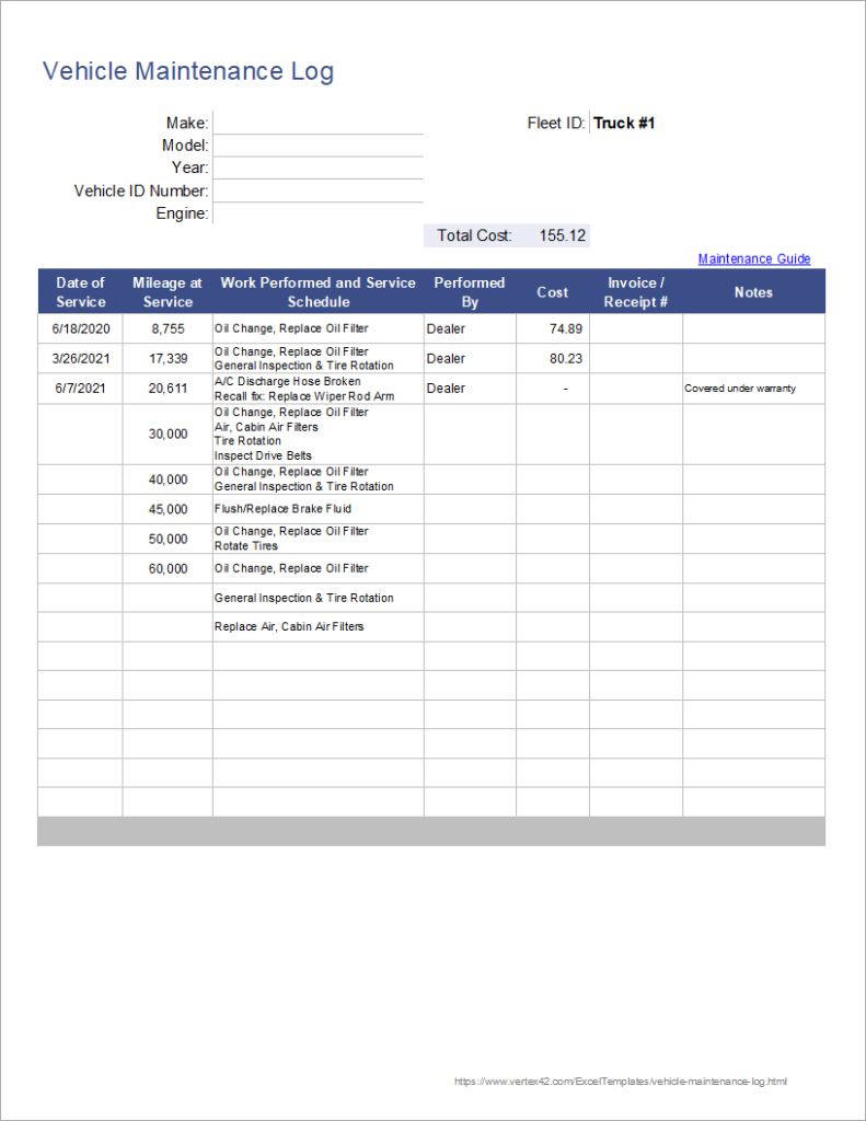 Free Vehicle Maintenance Log Template For Excel