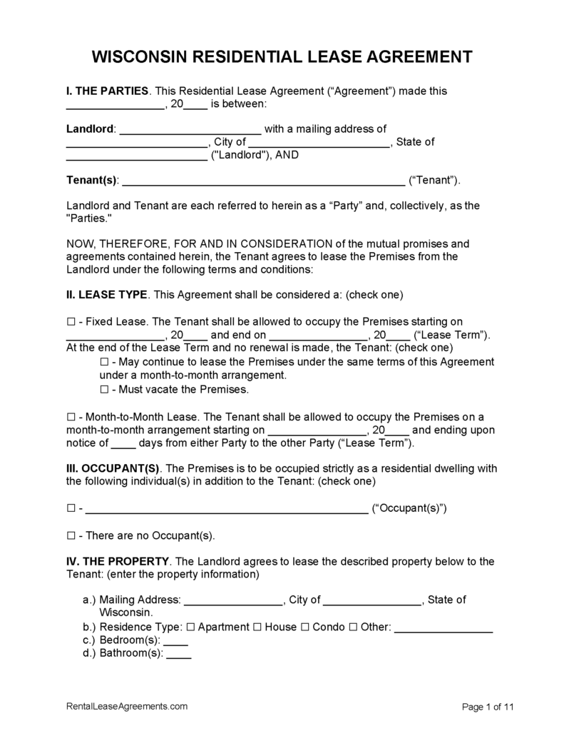Free Wisconsin Residential Lease Agreement PDF