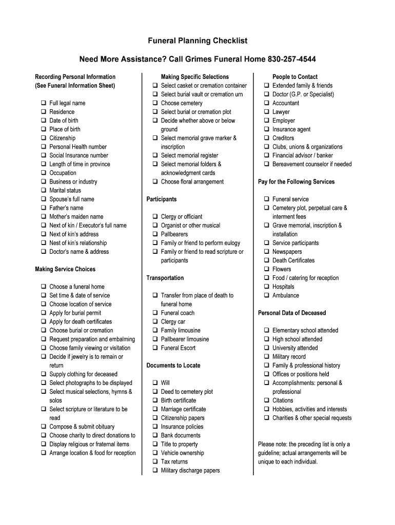 Funeral Checklist Pdf Fill Out Sign Online DocHub