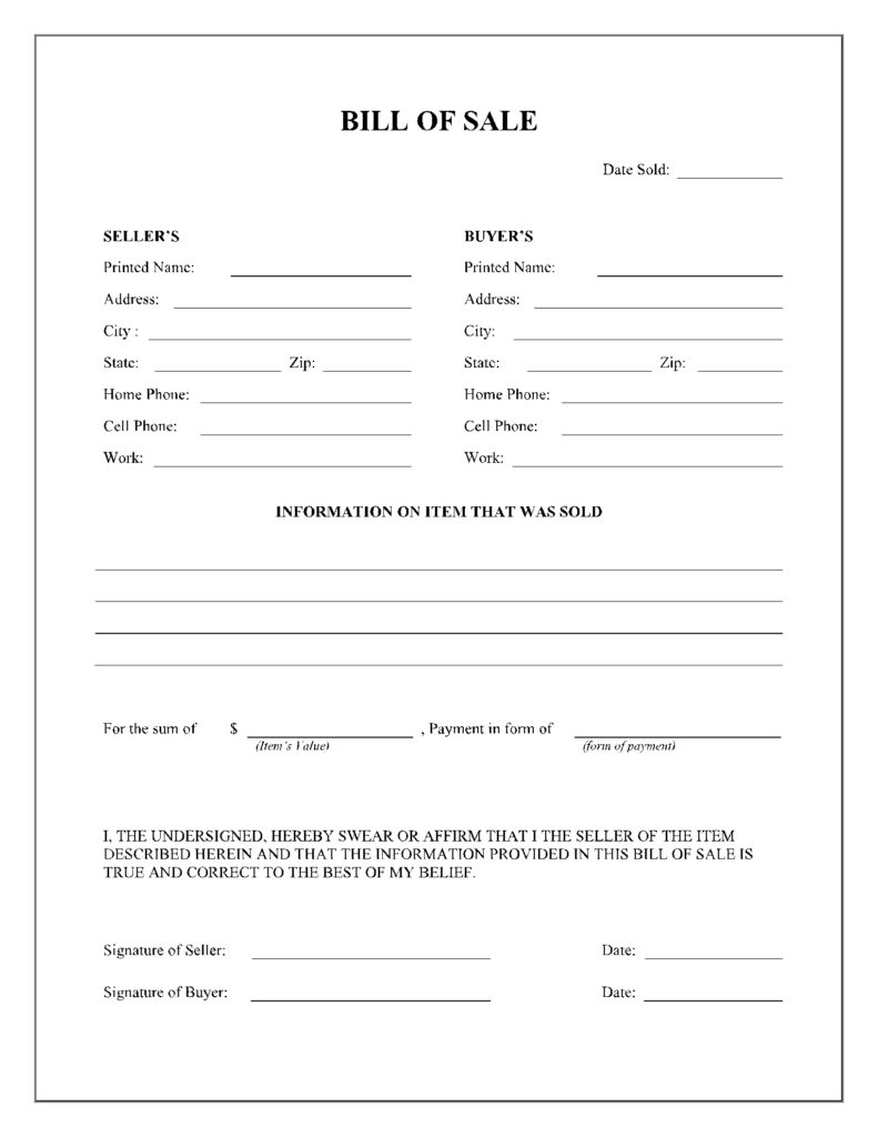 Free Printable Bill Of Sale Form