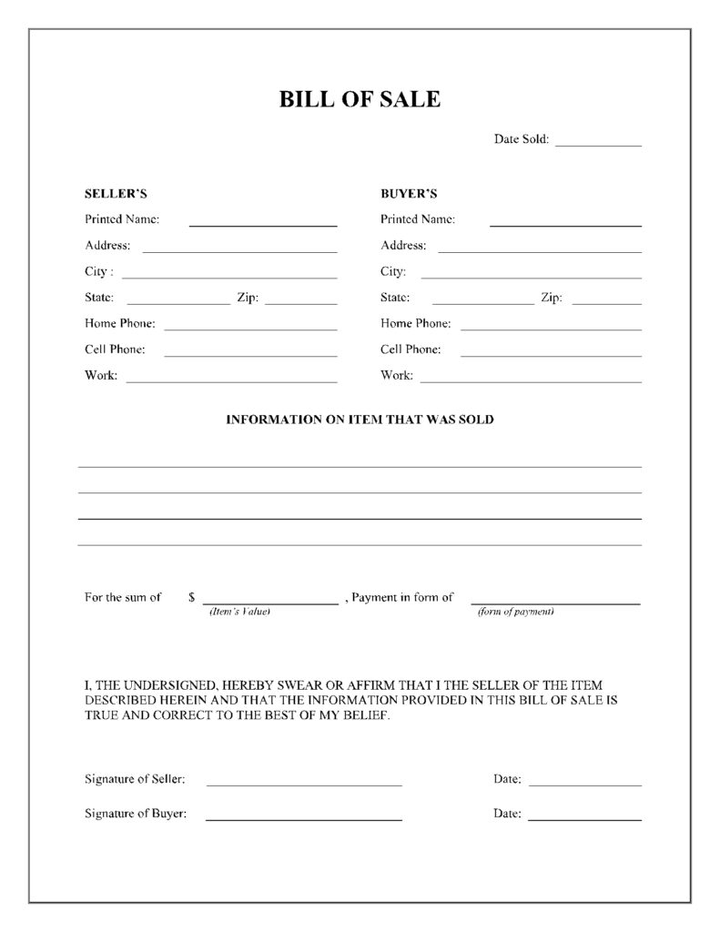 Bill Of Sale As Is Form Free Printable