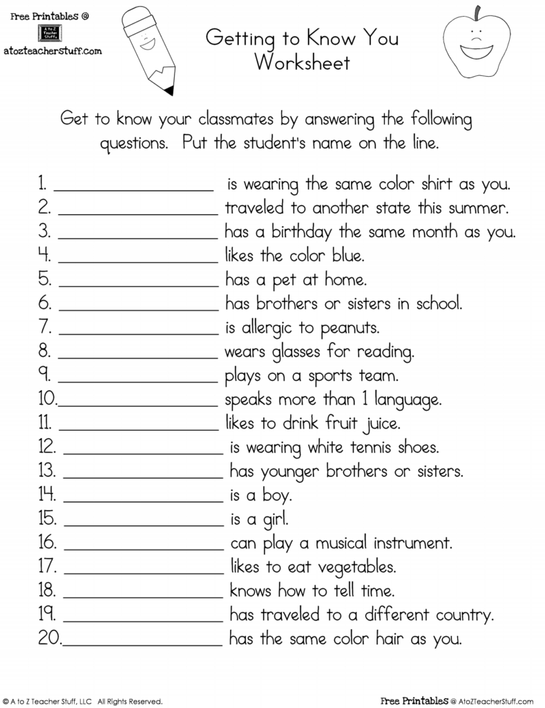 Getting To Know You Worksheet A To Z Teacher Stuff Printable Pages And Worksheets