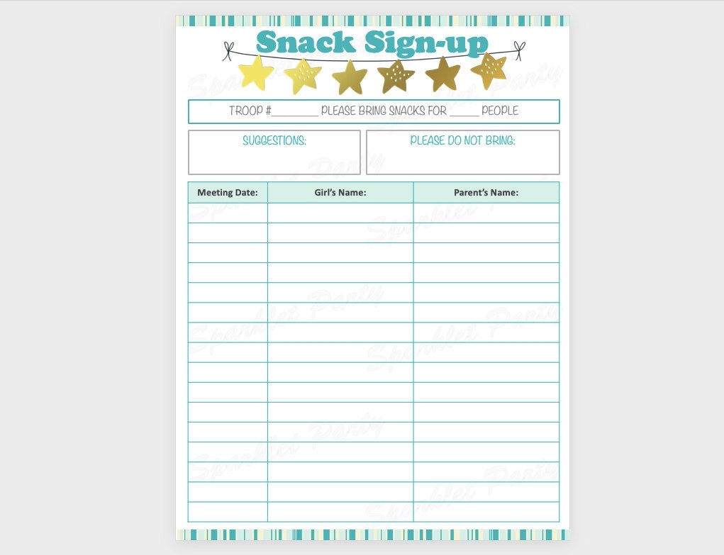 Girl Scout Snack Sign Up Printable Sheet Etsy de