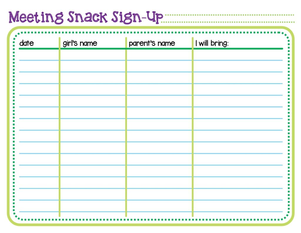 Girl Scout Snack Troop Meeting Sign Up Sheet Printable PDF Etsy