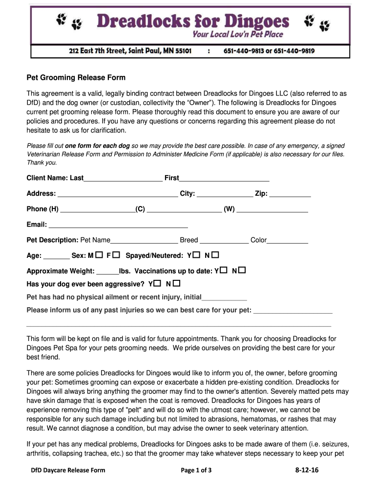 Grooming Release Form Templates Fill Out Sign Online DocHub