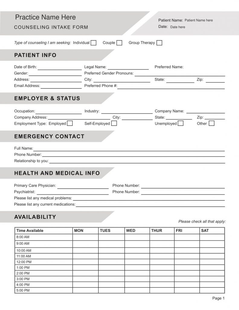 Free Printable Counseling Intake Forms