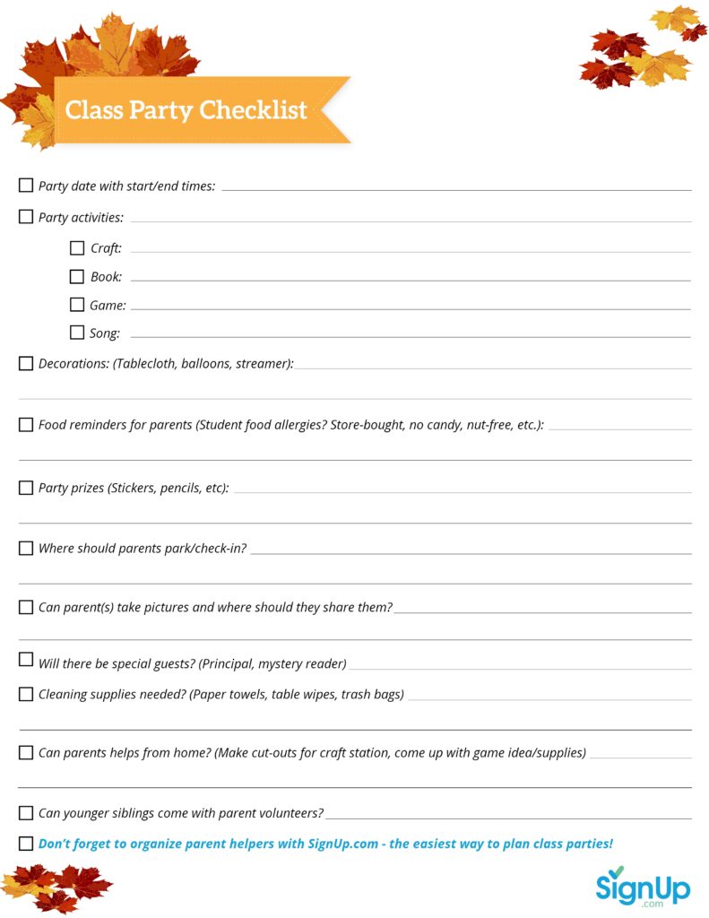 Halloween Class Party Checklist SignUp