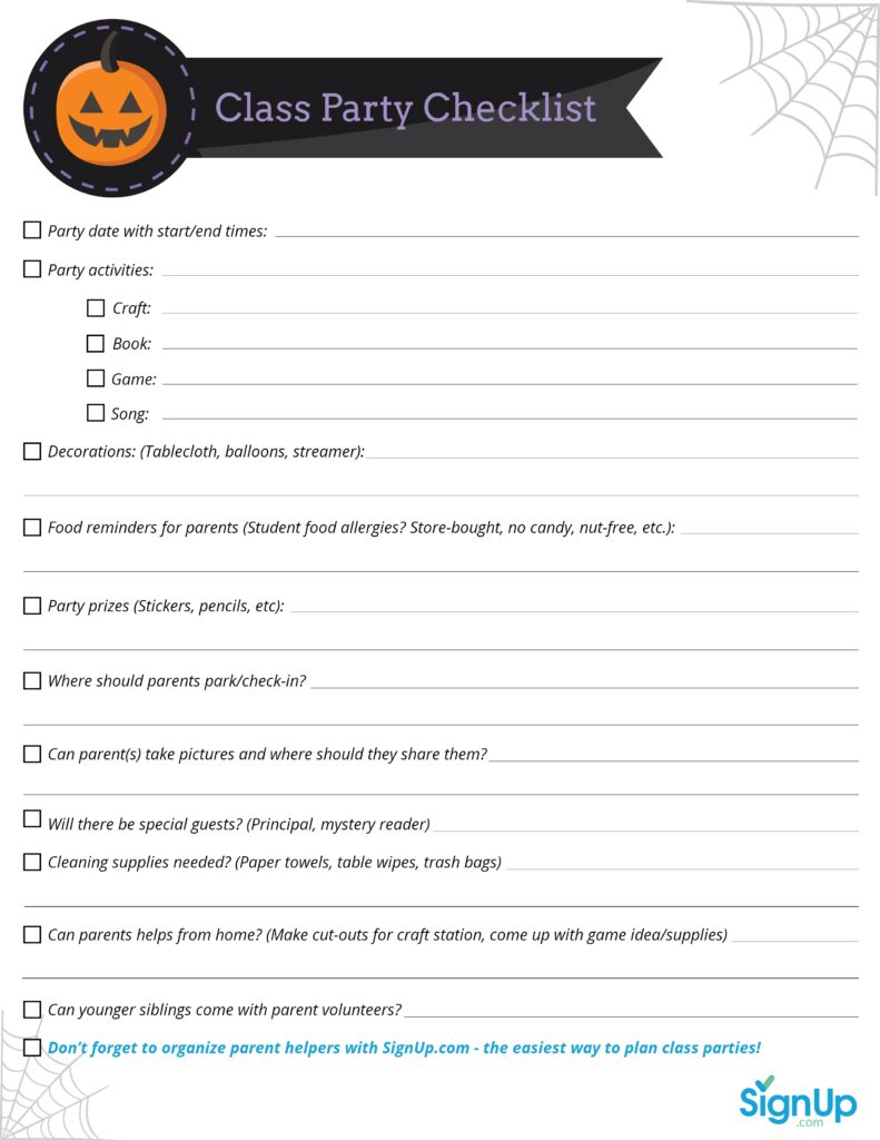 Halloween Class Party Checklist SignUp