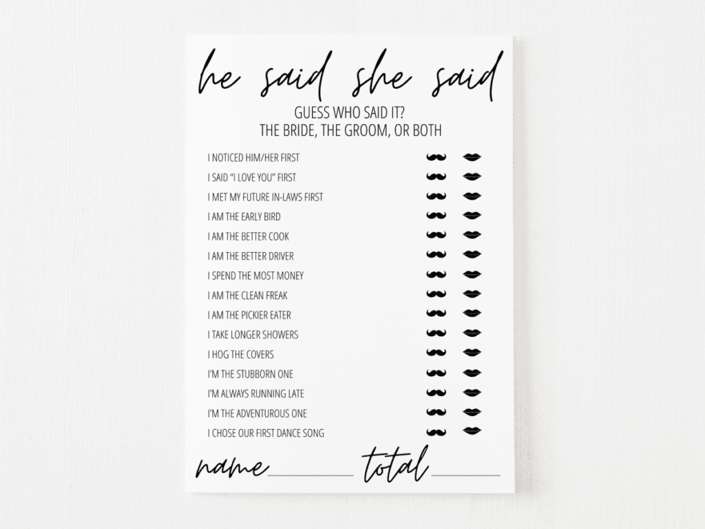 He Said She Said Bridal Shower Game Free Printable Modern MOH