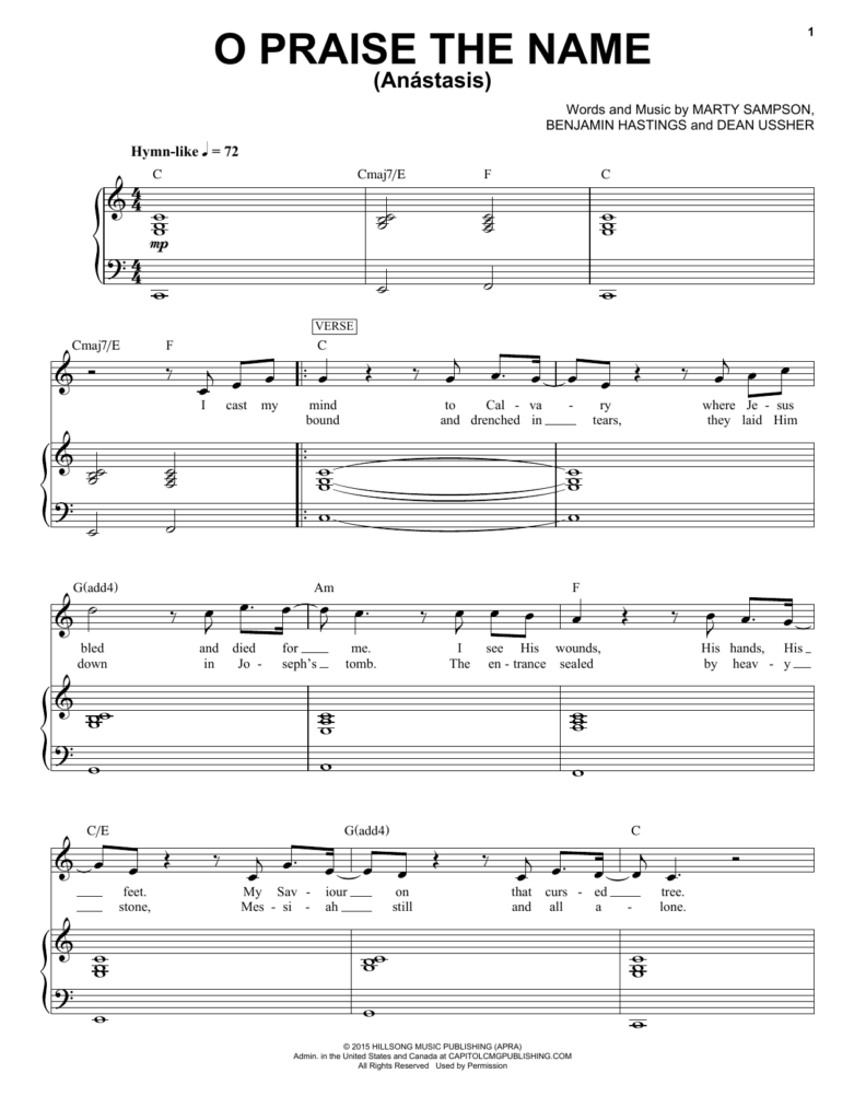 Hillsong Worship O Praise The Name Anastasis Sheet Music Download Printable Christian PDF Score How To Play On Piano Vocal SKU 173289