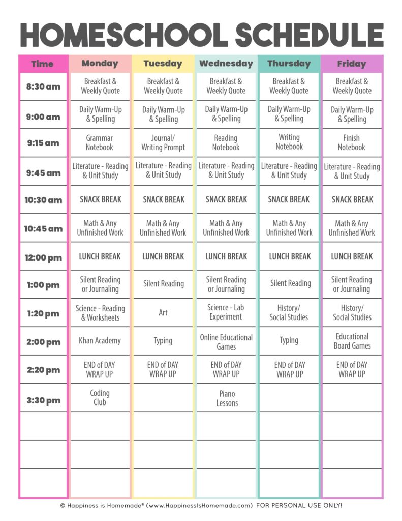 Free Printable Homeschool Schedule Template