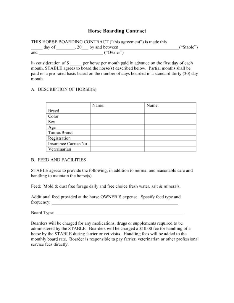 Horse Boarding Contract Template Free Sample CocoSign