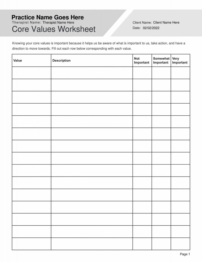 Free Printable Core Values Worksheet