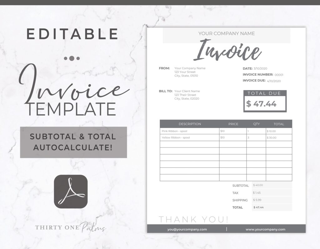 Invoice Template Editable PDF Invoice Printable Invoice Etsy sterreich