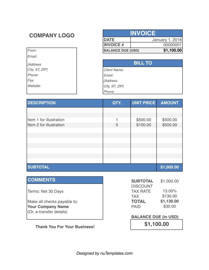Printable Invoices Free Template