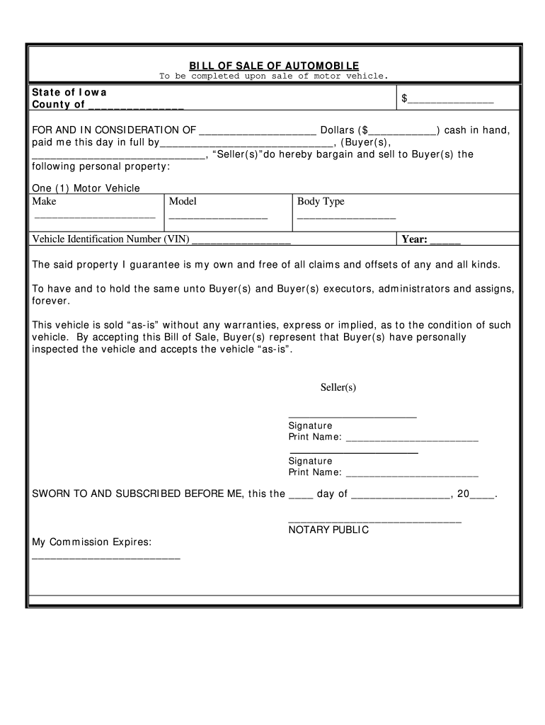 Iowa Vehicle Bill Of Sale Fill Out Sign Online DocHub