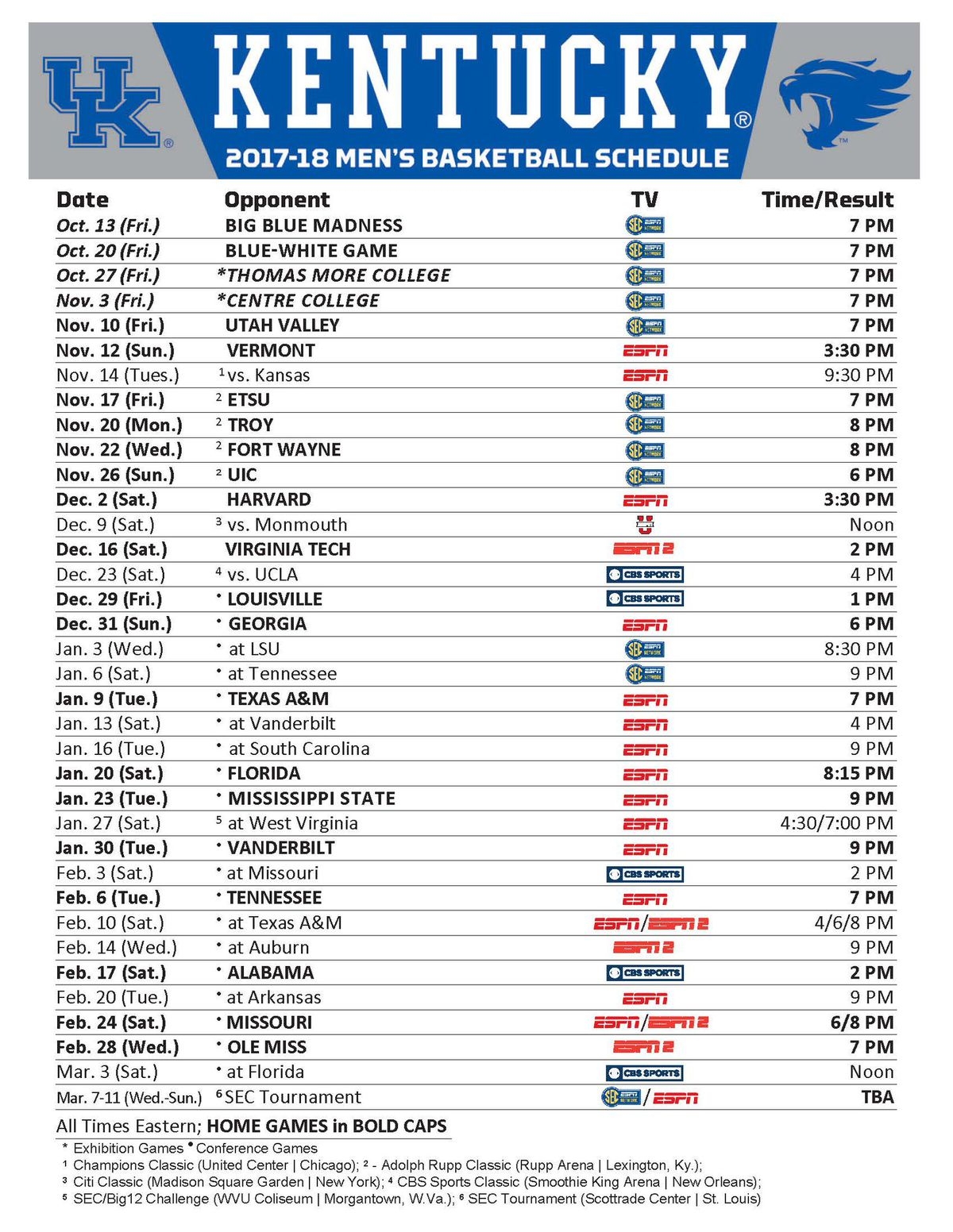 Kentucky Wildcats Basketball Full 2017 18 Schedule Channels Dates And Times Set A Sea Of Blue