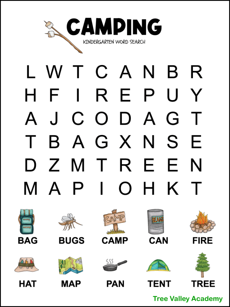 Kindergarten Camping Word Search Tree Valley Academy