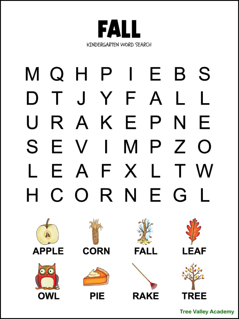 Kindergarten Word Search Free Printable