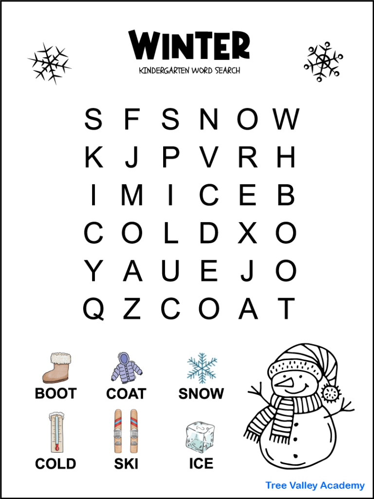 Kindergarten Winter Word Search Tree Valley Academy