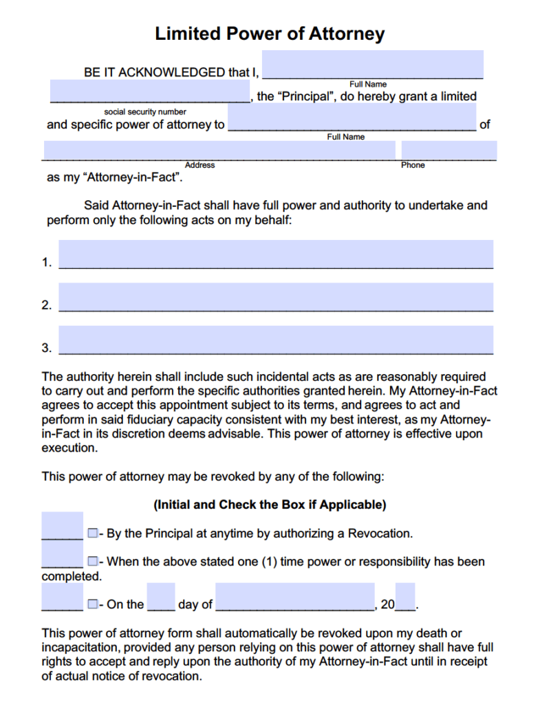 Power Of Attorney Forms Free Printable